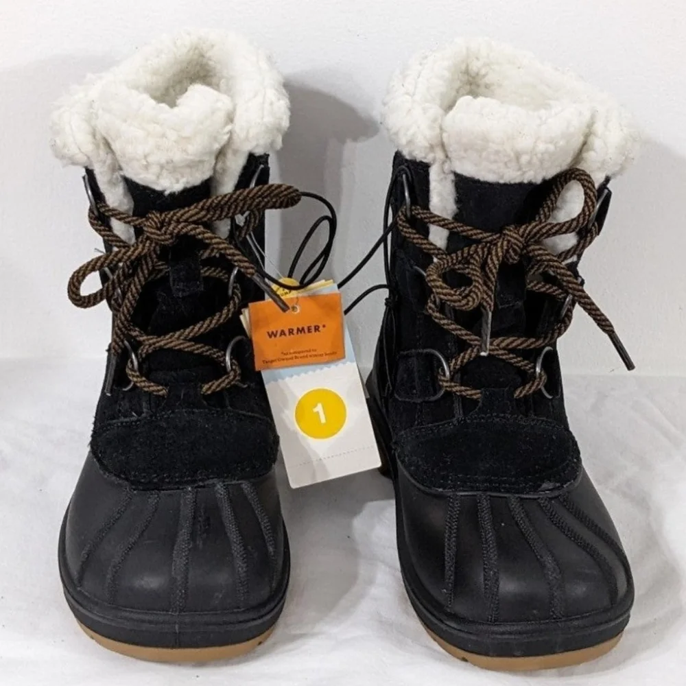 NWT Cat & Jack Boys Black Kit Lace Up Waterproof Winter Boots, Size 1
